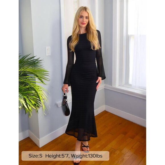 Zesica Women's Solid BlackRuched Mesh Long Sleeve Floral Cocktail Bodycon Dress - Picture 5 of 6